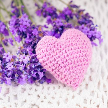 Lavender sachet and bunch on the crochet doily