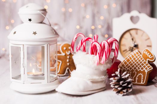 Holiday candies - Santa stuffs in white bootie, Christmas decor