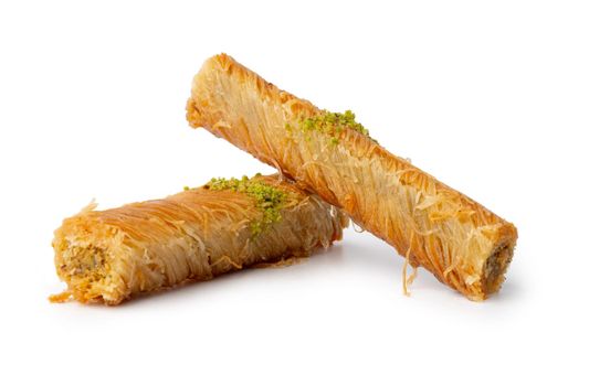 Turkish sweet pastry baklava isolated on white background, close up