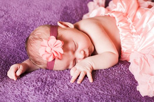 Newborn pretty baby girl in pink tutu dress sleeps on the purple textile