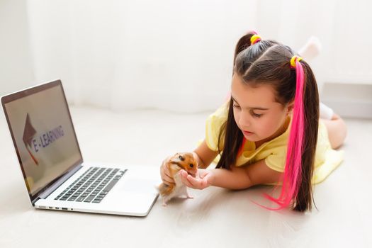 Educate at home. Child girl make homework with pet hamster. Funny ginger hamster sitting on table where kid is writing. Back to school.