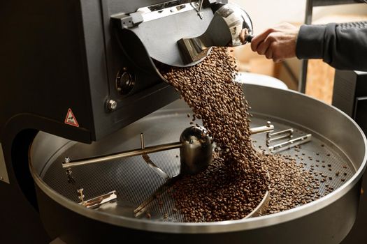 Young specialist worker is roasting coffee in hangar