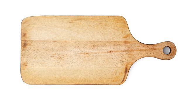 Wooden cutting board on a white background, close up