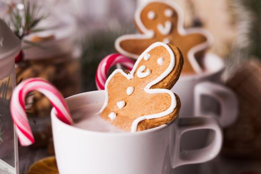 Cup of hot cocoa drink with cookie and candy. Christmas dessert