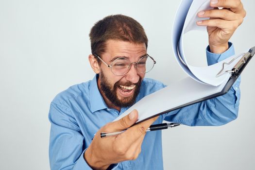 emotional man in blue shirt manager work fun. High quality photo