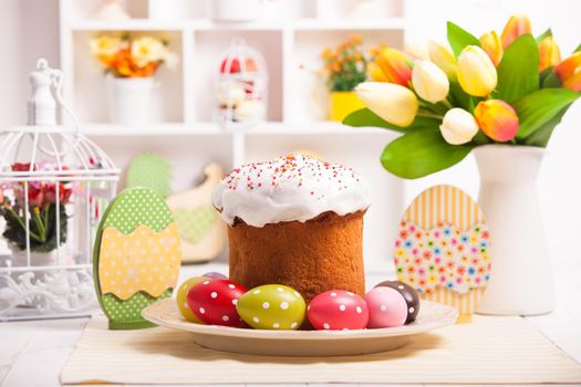 Easter cake with eggs on the table. Easter decorations