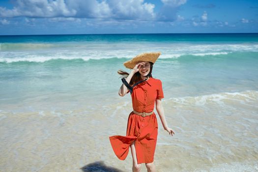 woman on the island beach ocean fresh air sand. High quality photo