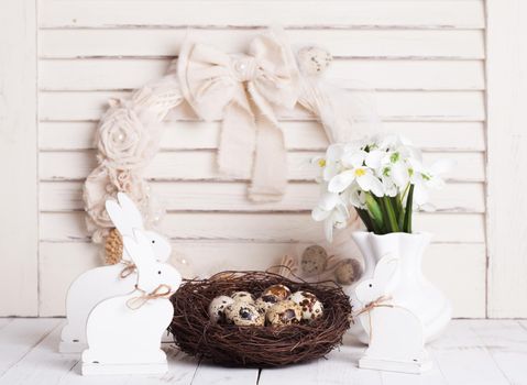Easter decorations - shabby chic white rabbits and wreath