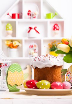 Easter cake with eggs on the table. Easter decorations