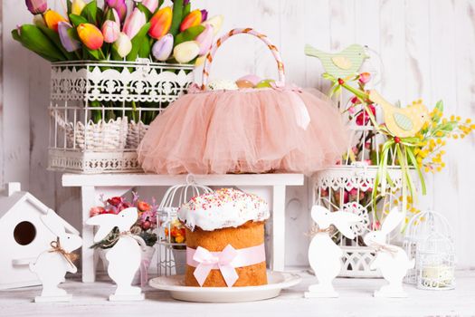 Easter decorations - spring flowers, rabbits, cake and tutu basket