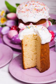 Easter cake on the plate and holiday decor