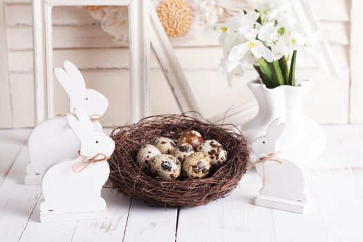 Easter decorations - shabby chic white rabbits and wreath