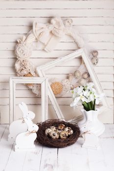 Easter decorations - shabby chic white rabbits and wreath