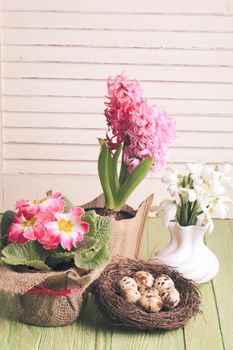 Quail eggs in the nest, the symbol of spring and flowers