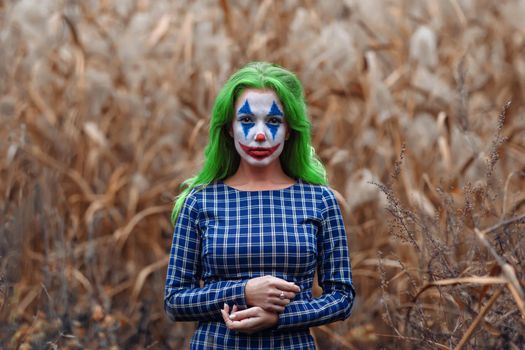 Portrait of a greenhaired woman with joker makeup on a orange leaves reeds background.