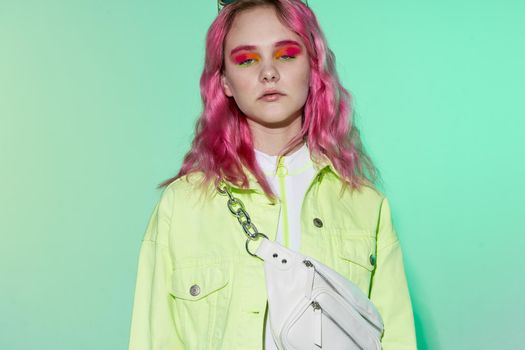 hipster woman pink hair posing fashion clothes lifestyle fun design. High quality photo