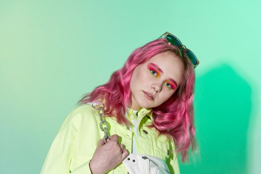 cheerful woman bright cosmetics party posing lifestyle fun design. High quality photo
