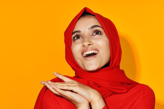 woman in red hijab posing smile fashion studio lifestyle. High quality photo