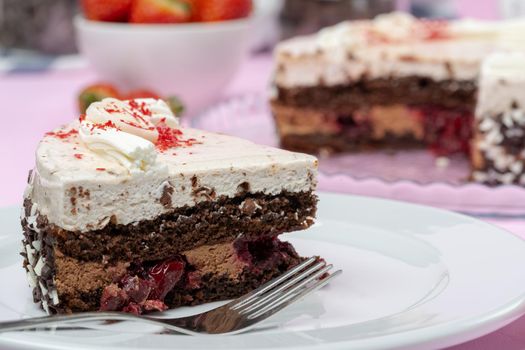 Chocolate cake with whipped cream icing on plate. Close up.
