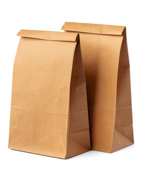 Brown craft paper bag packaging template on white background close up