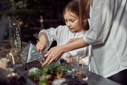 caucasian confident happy florist is working with her young daughter and making composition from glass stones and plants in botanic shop