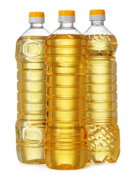 Set of sunflower oil in plastic bottle isolated on white background, close up.