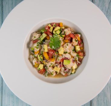 Cod Ceviche recipe, bread in oil and garlic. High quality photo