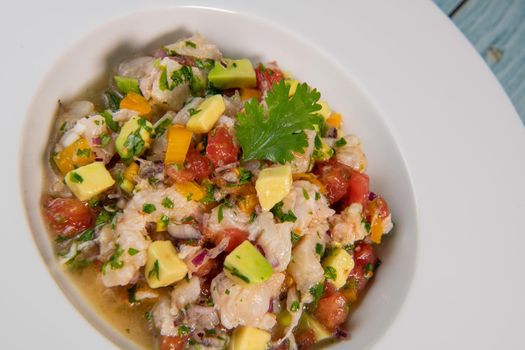 Cod Ceviche recipe, bread in oil and garlic. High quality photo