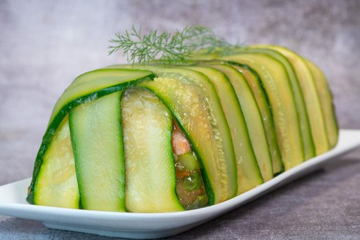 Recipe of marbled vegetables, salmon and langoustines, terrine salmon vegetables and langoustines. High quality photo