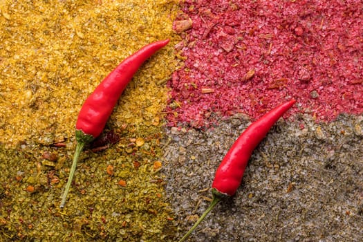 Salted seasoning set. Svan, garlic, Caucasian and Adyghe salt. Seasoning for a fragrant lunch. View from above.