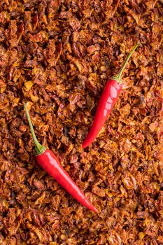 Spices from finely chopped sun-dried tomatoes. Aromatic seasoning for cooking. View from above