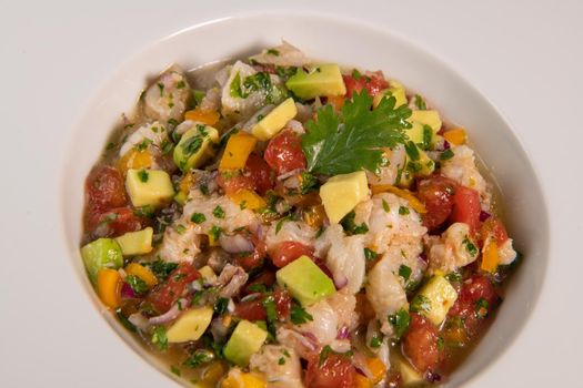 Cod Ceviche recipe, bread in oil and garlic. High quality photo