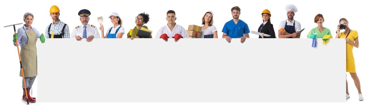 Group of diverse professionals presenting empty banner. Isolated on white background, Copy space for text