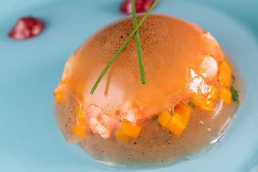 Aspic recipe, jelly made from a broth of prawns and peppery beetroot. High quality photo