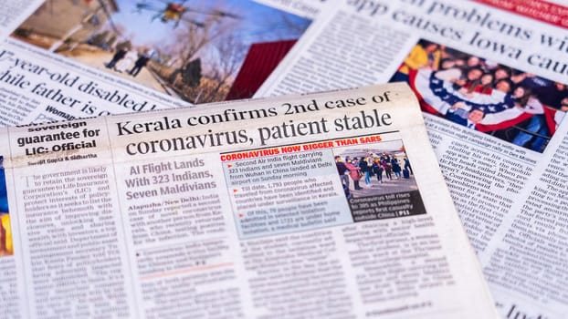 Dehradun, Uttarakhand India June 28, 2021. Coronavirus COVID-19 News Headline in Newspaper of India. Headlines of the month March, April 2020. High-quality apple prores 422 4k footage 60p.