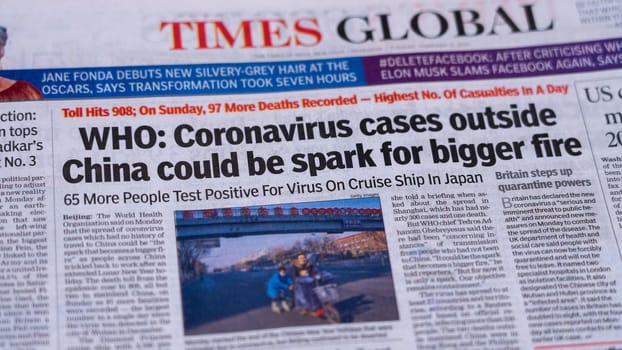 Dehradun, Uttarakhand India June 28, 2021. Coronavirus COVID-19 News Headline in Newspaper of India. Headlines of the month March, April 2020. High-quality apple prores 422 4k footage 60p.