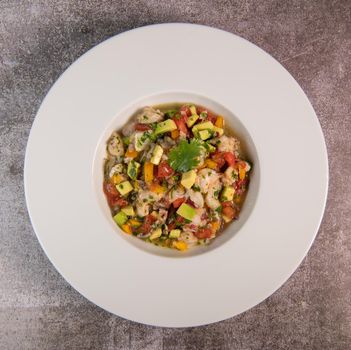 Cod Ceviche recipe, bread in oil and garlic. High quality photo