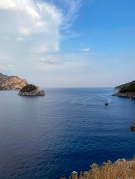 Aerial view of Marmaris at sunset, Turkey. View of the fortress and ships near the embankment. - stock photo. High quality photo