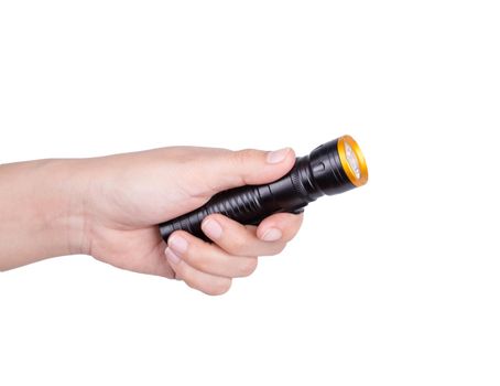 Hand holding flashlight on a white background