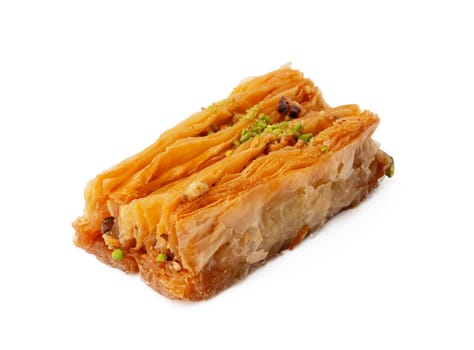 Close up photo of Turkish dessert baklava isolated on white