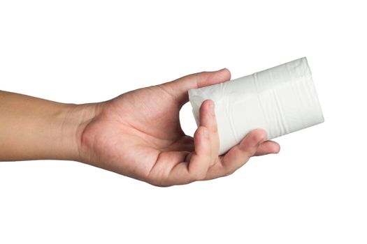 Hand with toilet paper isolated on white