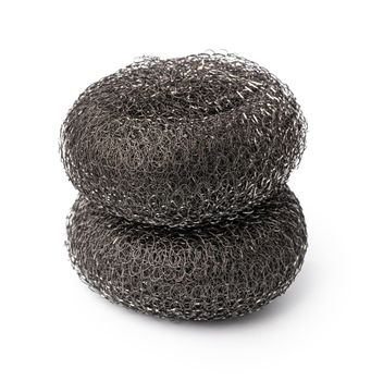 Metal sponge for washing dishes on a white background, close up