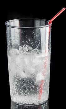 ice and soda in a glass cup - closeup