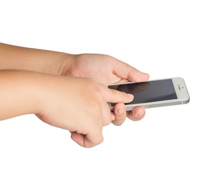 Close-up of female hands using a smart phone, in a city background.