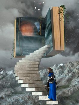 Knight climbing stairs to the storybook in the clouds - 3d rendering