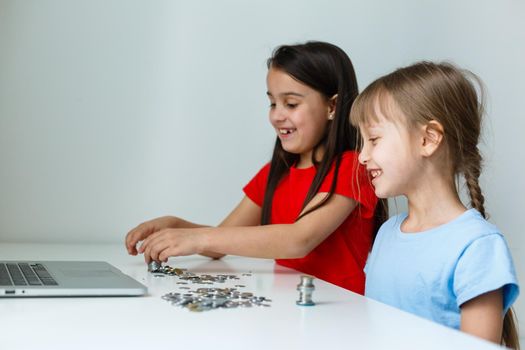 portrait of little girls sitting at table and calculating money