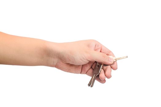 hand holding a house key isolated on white to open