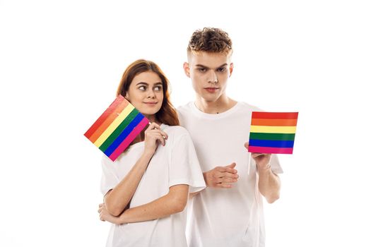 couple in white t-shirts Flag lgbt transgender sexual minorities. High quality photo