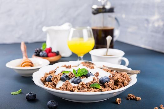 Homemade chocolate granola or muesli with yogurt and fresh blueberries for healthy morning breakfast, selective focus. Healthy food background with copy space for text.