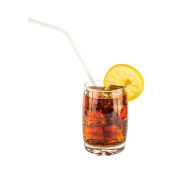 iced soda with lemon slice on white background